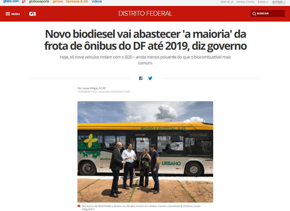 Novo biodiesel vai abastecer ‘a maioria’ da frota de ônibus do DF até 2019, diz governo