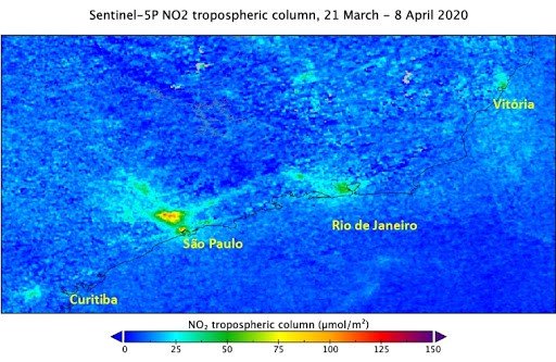 Poluição: Com a quarentena, níveis de NO2 reduziram 33% na Região Metropolitana de São Paulo e em outras capitais do Sul e Sudeste (imagem: Henk Eskes/ KNMI)